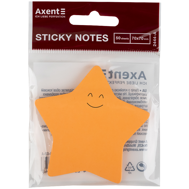 Блок паперу з клейким шаром Axent Star 2444-03-A 70х70 мм, 50 аркушів, помаранчевий